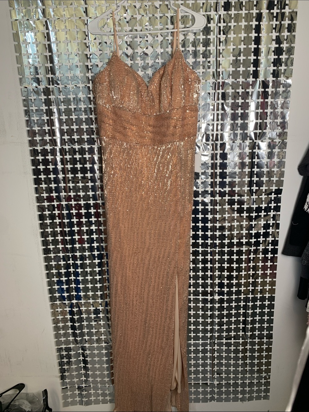 Sequin Spaghetti Strap Rose Gold Evening Prom Gown with Side Slit
